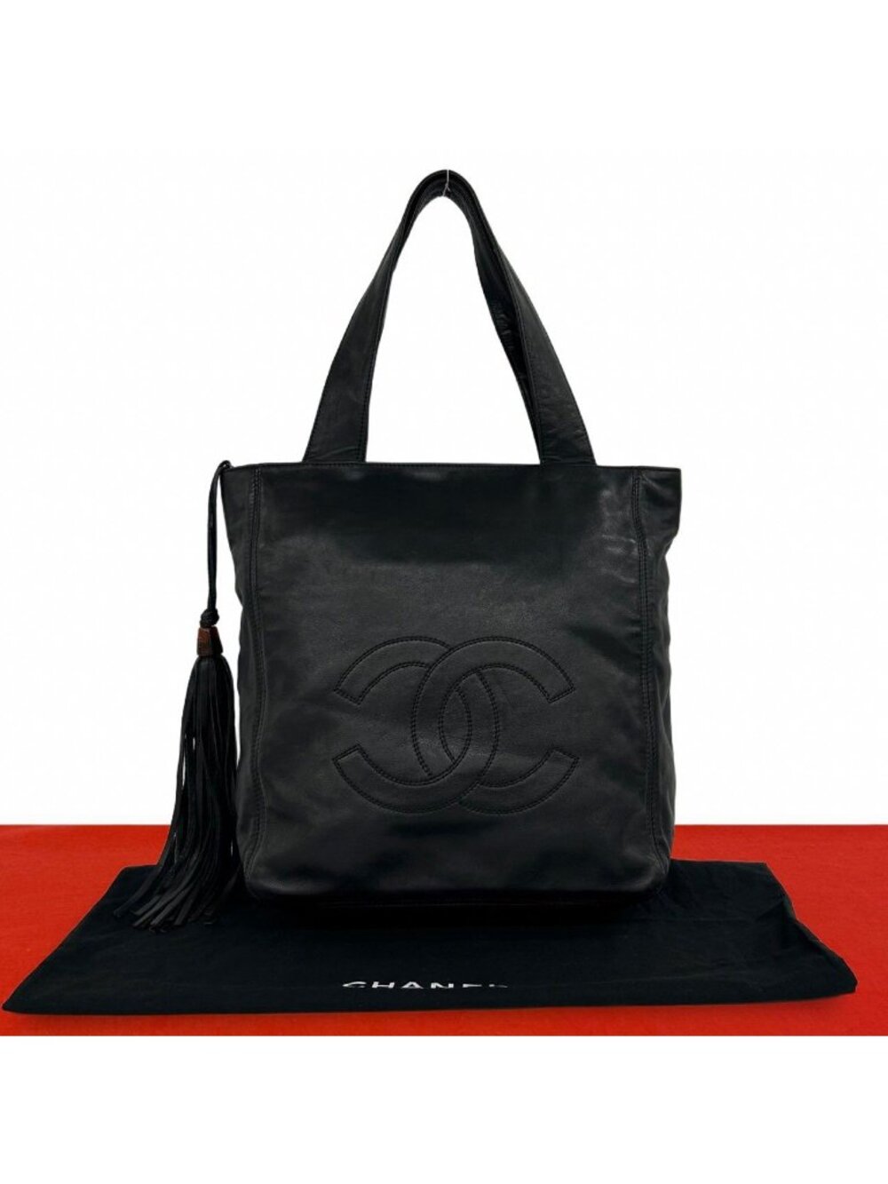 Chanel Jumbo CC Logo Lambskin Tassel Fringe Tote Shoulder Bag Black